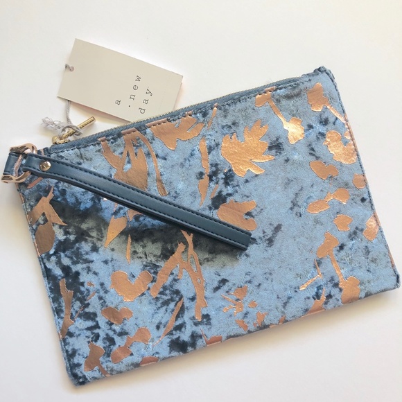 A new day Handbags - Classic Pouch Velvet Rose Gold & Blue Wristlet